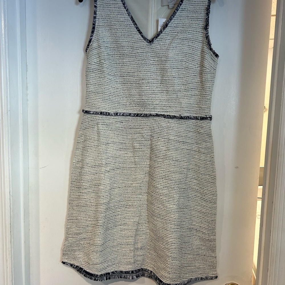 LOFT Asymmetrical Cream Dress with Black Accents